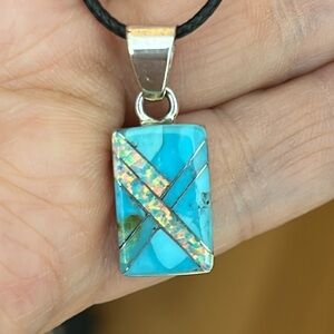 Natural Turquoise and Opal Inlaid Sterling Silver Stamped Pendant